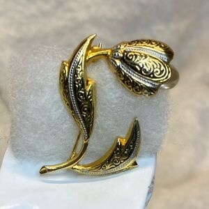 Vintage Damascene Flower Brooch Pin with Faux Pearl Center Beautiful EUC